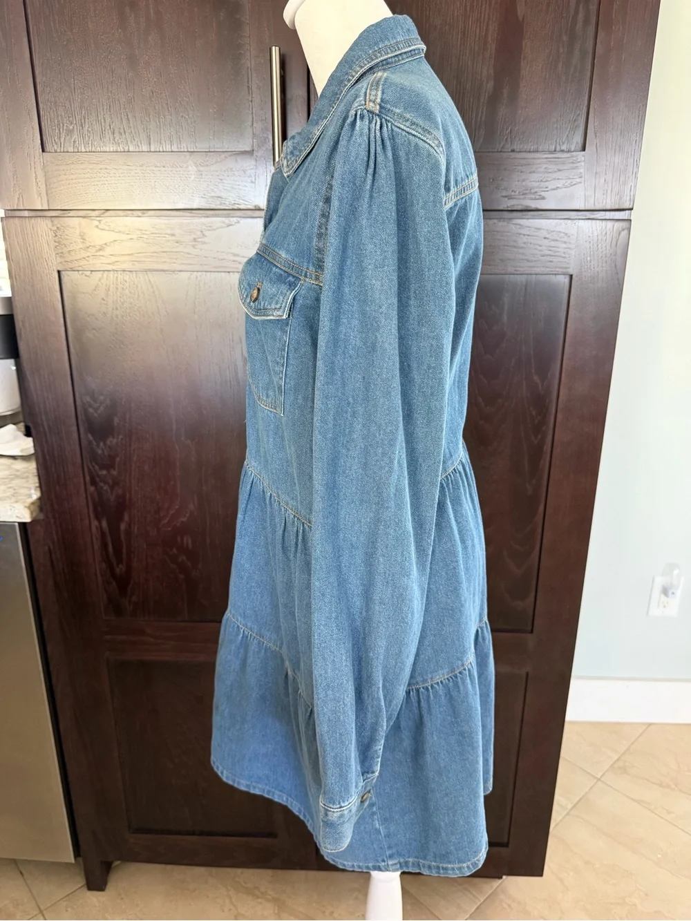 Free People Nicole Denim Tiered Shirt Dress Medium Washed Blue